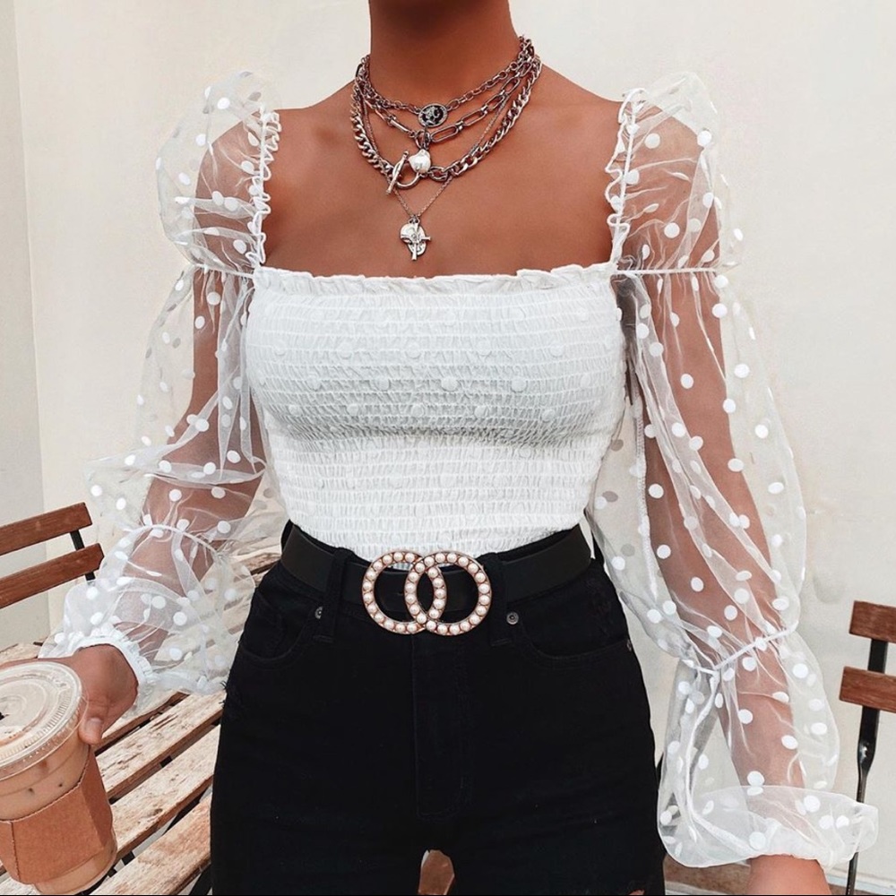 Sheer Sleeve Polka Dot Crop Top